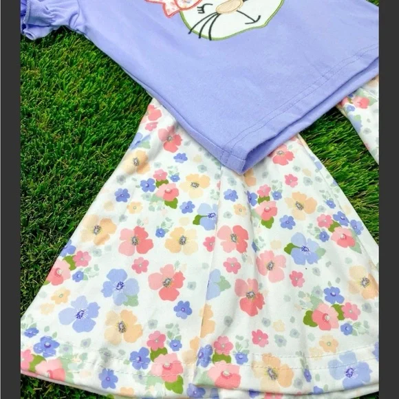 🐿️Little Girls-Purple Bunny Top & Floral Bell Bottom Set-New-Boutique-many sizes - Picture 4 of 5